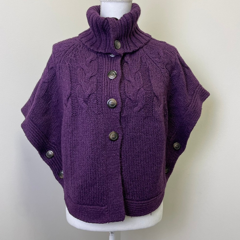 Y2K Old Navy Purple Wool Blend Cable Knit Poncho Sweater S Plum Turtleneck